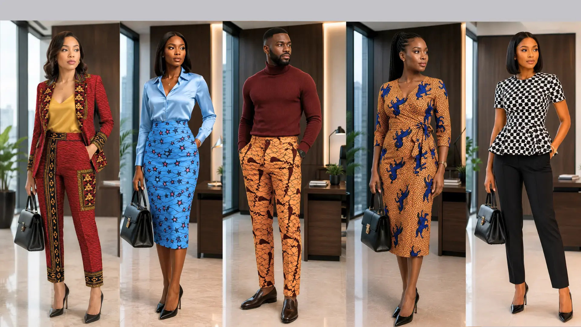 Professional wearing a tailored Ankara wax print midi dress and structured blazer, styled for a seamless transition from a corporate boardroom to a weekend brunch.